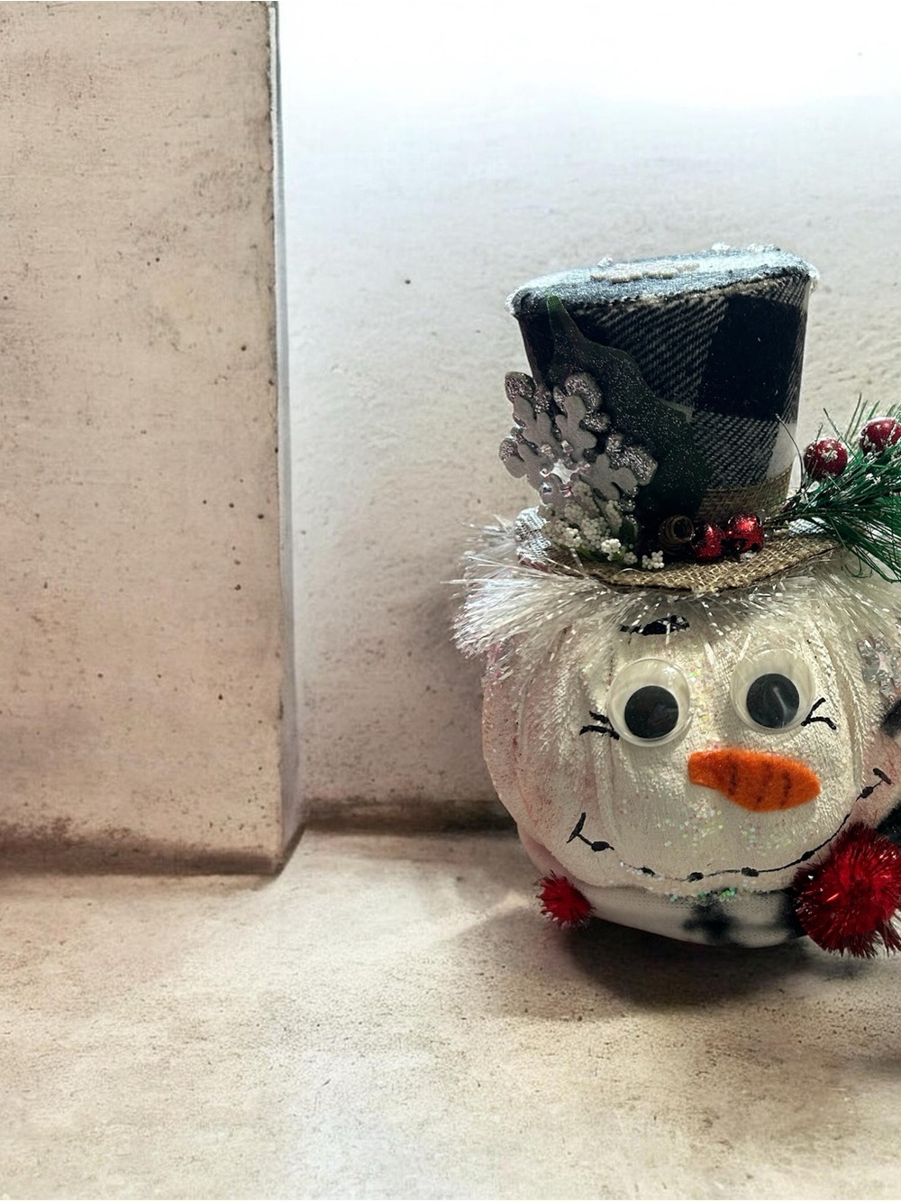 Festive White Snowman Pumpkin Holiday Decoration with Plaid Top Hat